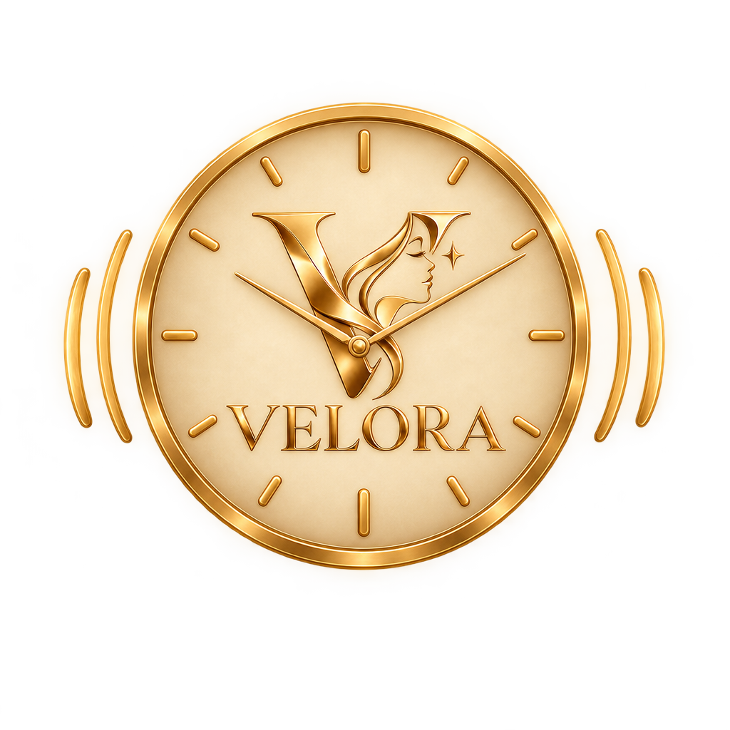 Gold clock featuring the Velora logo