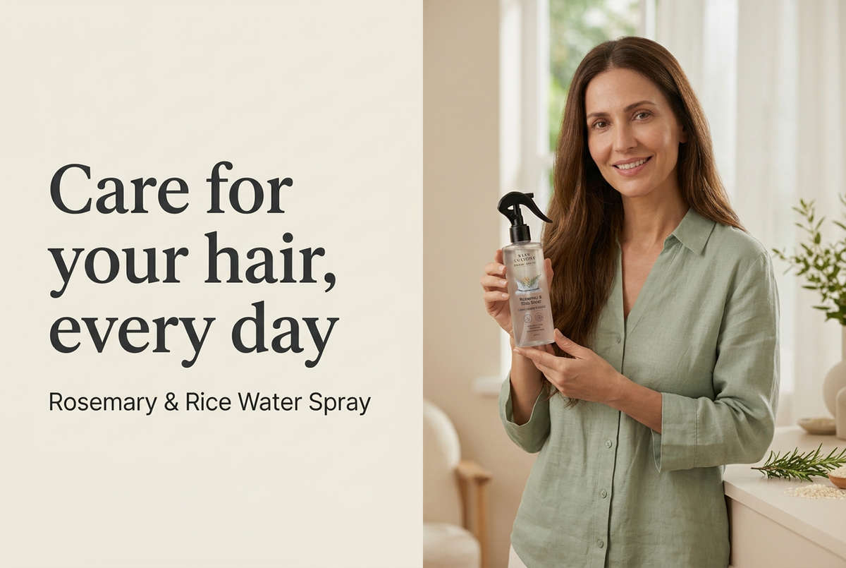 Hair-care lifestyle image with wording and sage-green outfit
