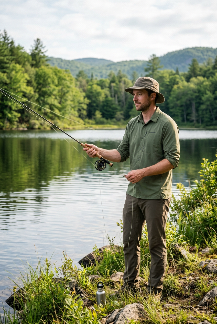 White man fishing beside a lake